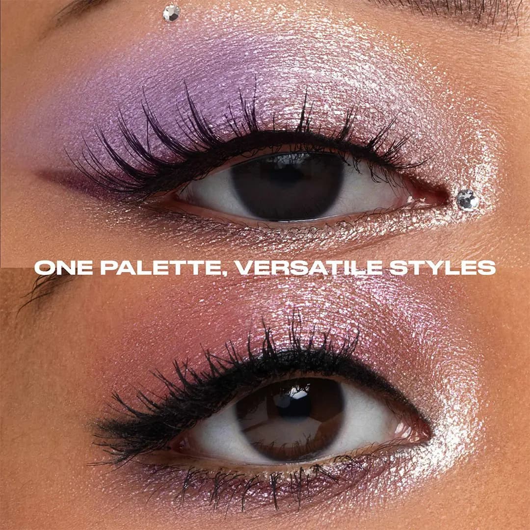Two eye looks made with Urban Decay Moondust Full Shimmer Quad shades, official image