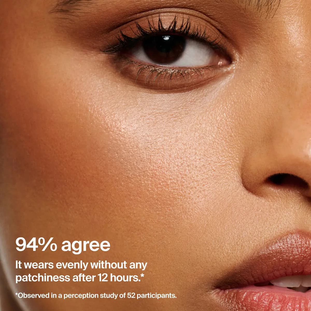 Close-up of a model's cheek and eye with even warm glow and text '94% agree it wears evenly without patchiness after 12 hours