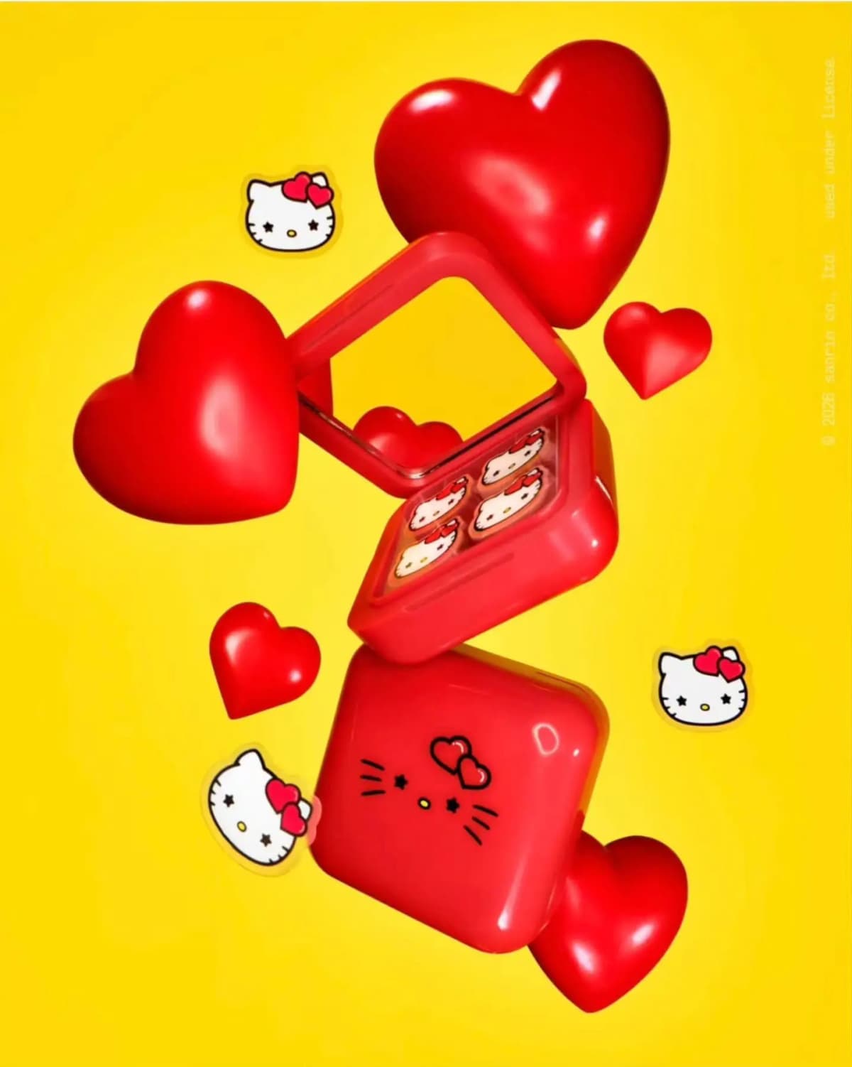 Open red compact with mirror showing heart-bow Hello Kitty patches, floating among red hearts on yellow