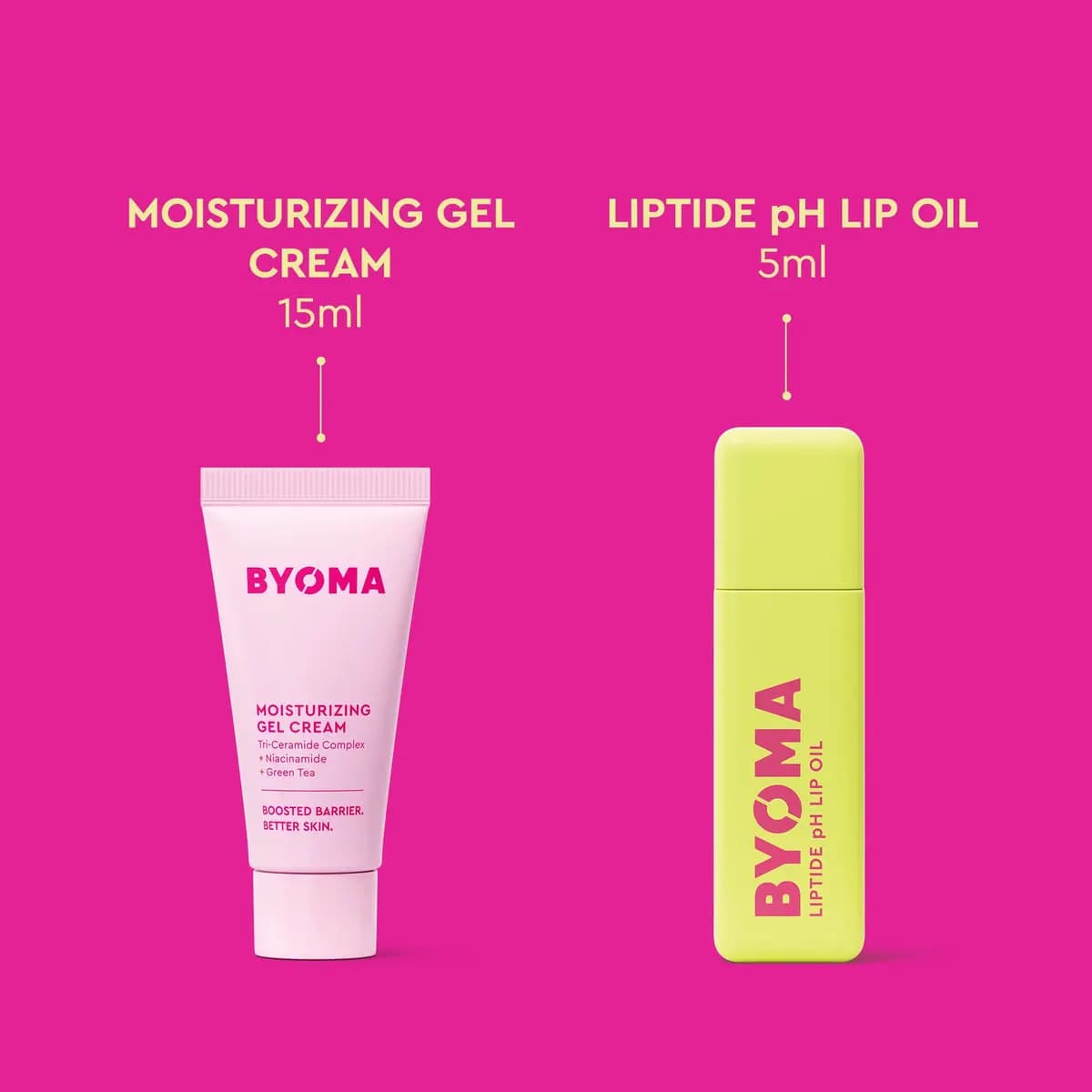 Pink Moisturizing Gel Cream 15ml tube next to lime Liptide pH Lip Oil on magenta