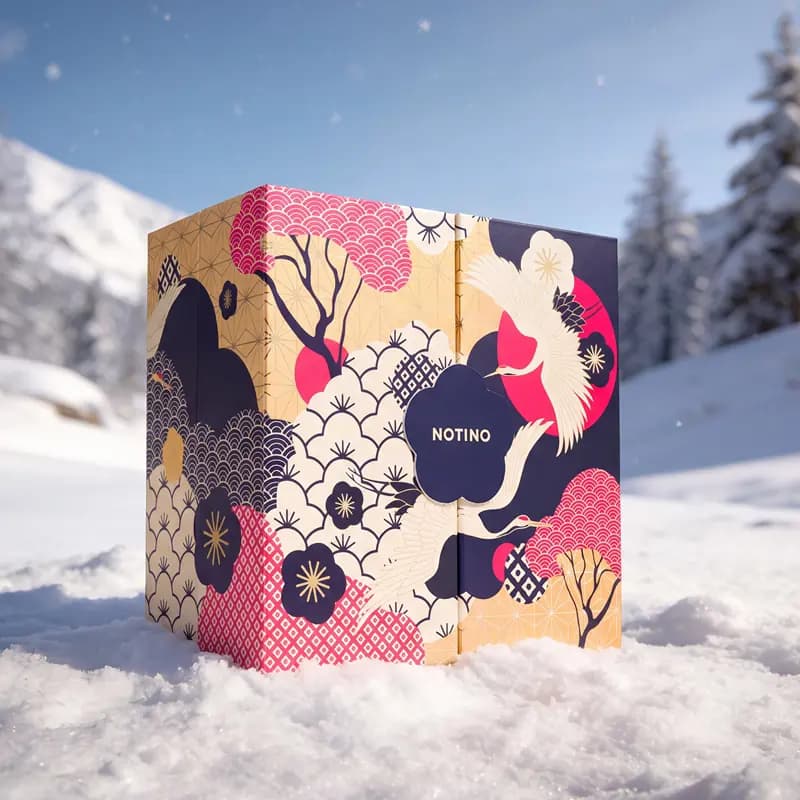 Cream, navy and pink Japanese-style Notino box with cranes and plum blossoms standing in snow with mountains behind