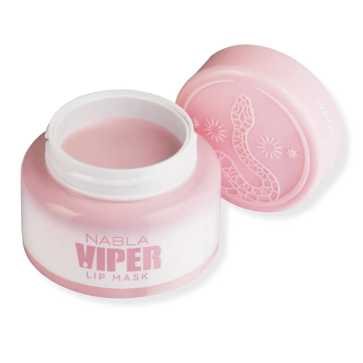 Open NABLA Viper Lip Mask jar with pale pink balm and a lid embossed with a snake and stars