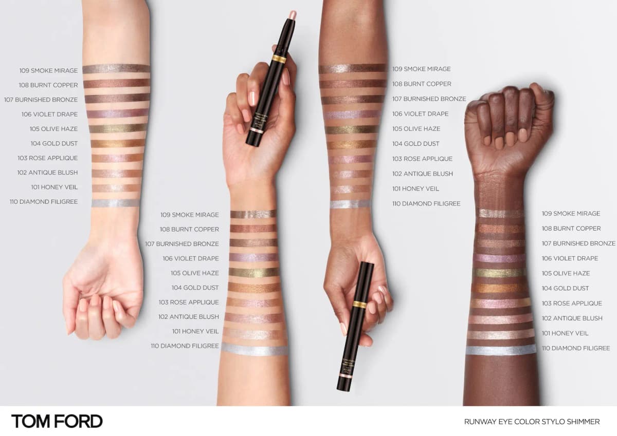 Runway Eye Color Stylo Shimmer swatches of all 10 shades on four arms ranging from fair to deep skin tones