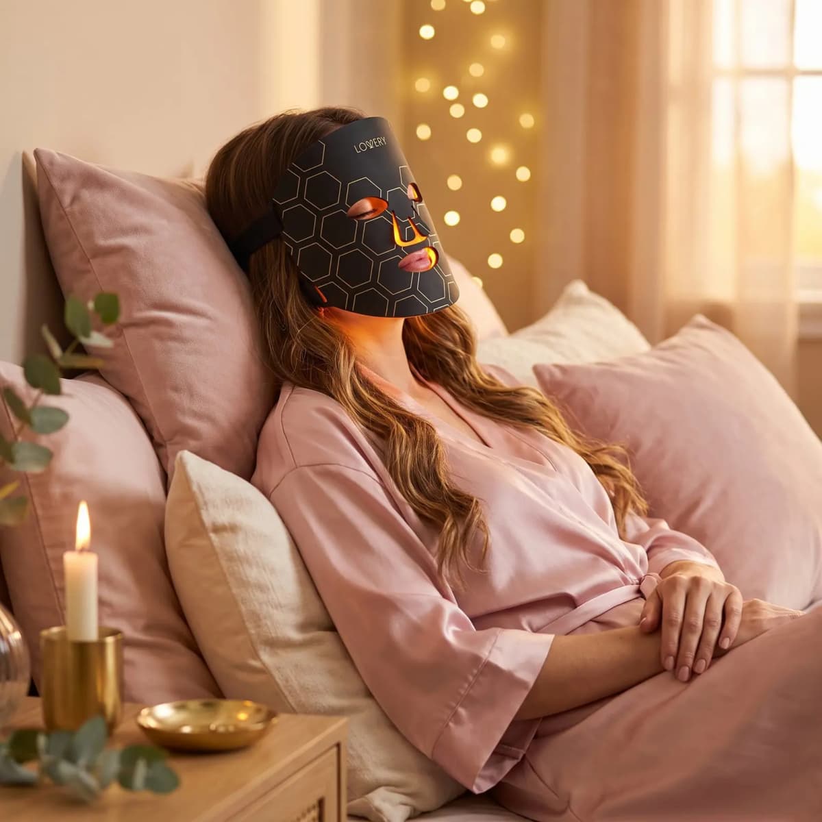 Woman in a pink satin robe relaxing in bed wearing the black honeycomb LED face mask glowing amber by candlelight