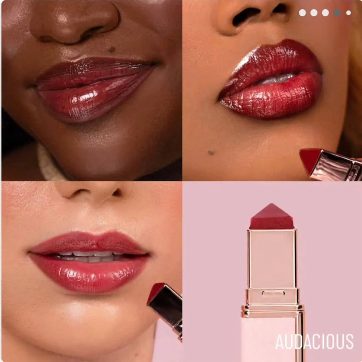 Audacious worn on three models as a shiny deep berry red, with a close-up of the dark red pyramid-shaped balm.