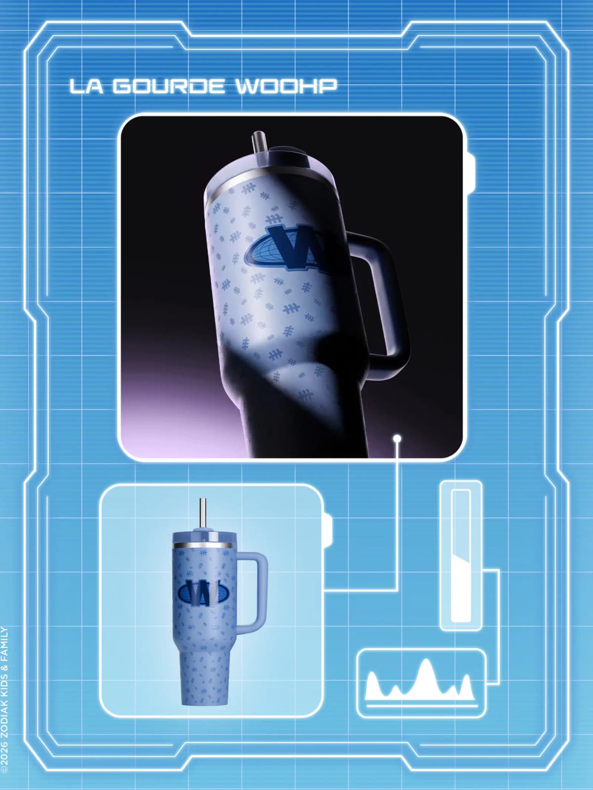 Light blue insulated tumbler with straw featuring WOOHP logo and hashtag pattern, labeled LA GOURDE WOOHP.