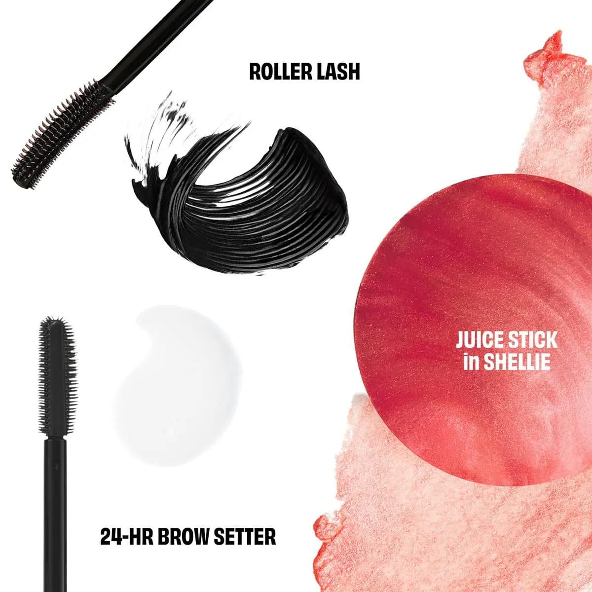 Roller Lash black mascara swatch, clear 24-HR Brow Setter gel and shimmery coral Juice Stick in Shellie