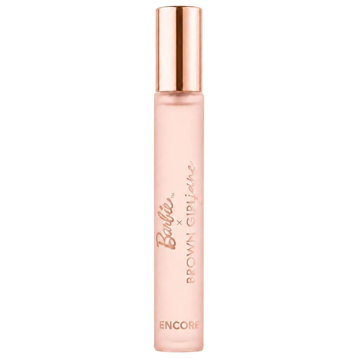 Slim pale pink travel spray with rose gold cap and rose gold Barbie x Brown Girl Jane Encore lettering