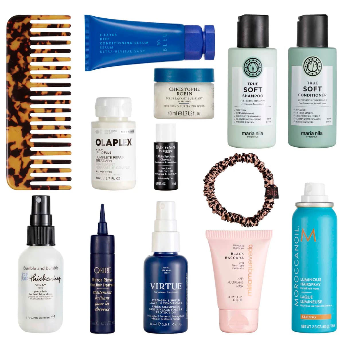 Flat lay of the set's 13 items: tortoiseshell comb, Olaplex, Maria Nila, Moroccanoil, Virtue, Slip scrunchie on white