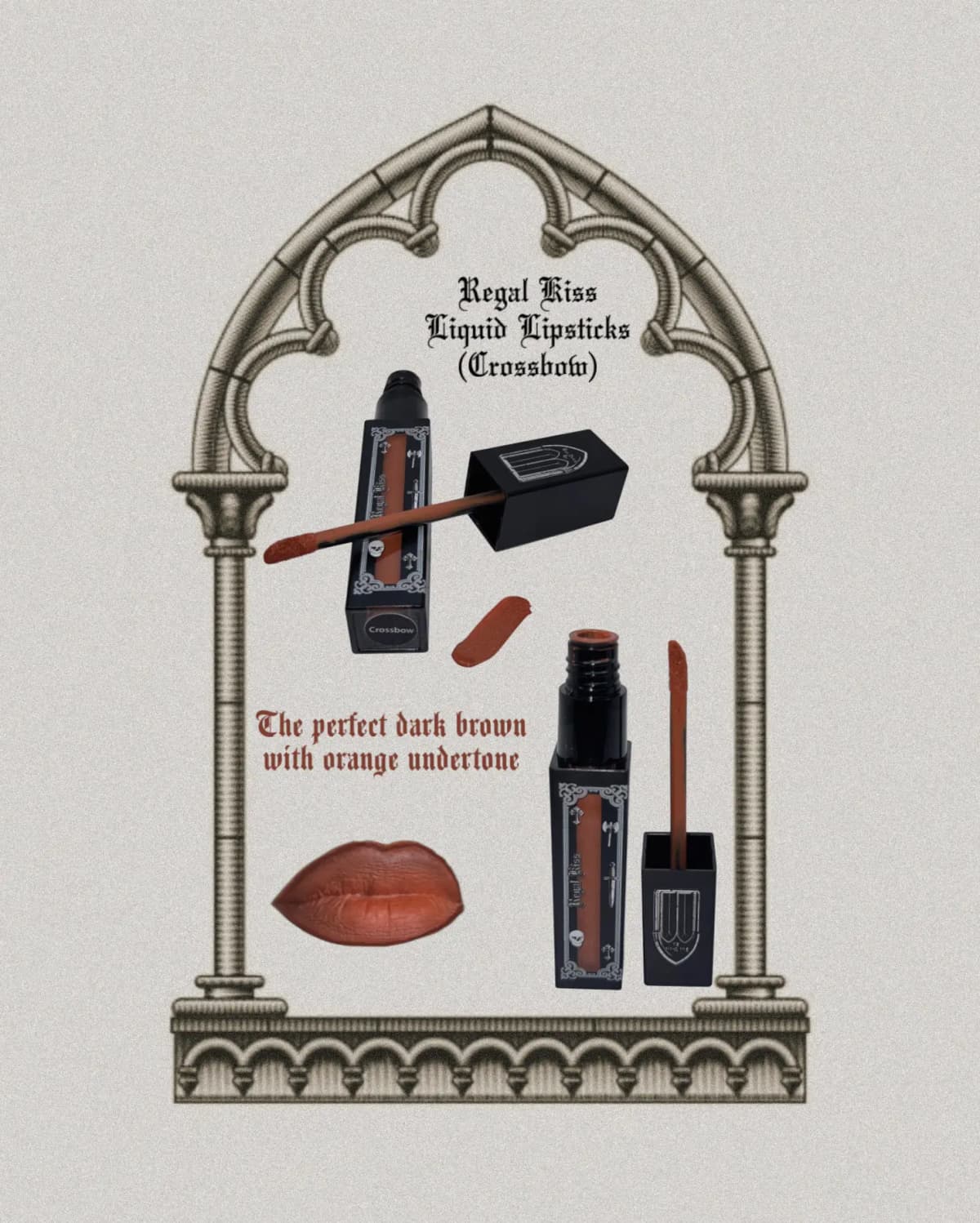 Crossbow tube, swatch and matte lips in dark brown with orange undertone, set inside a sketched Gothic arch.