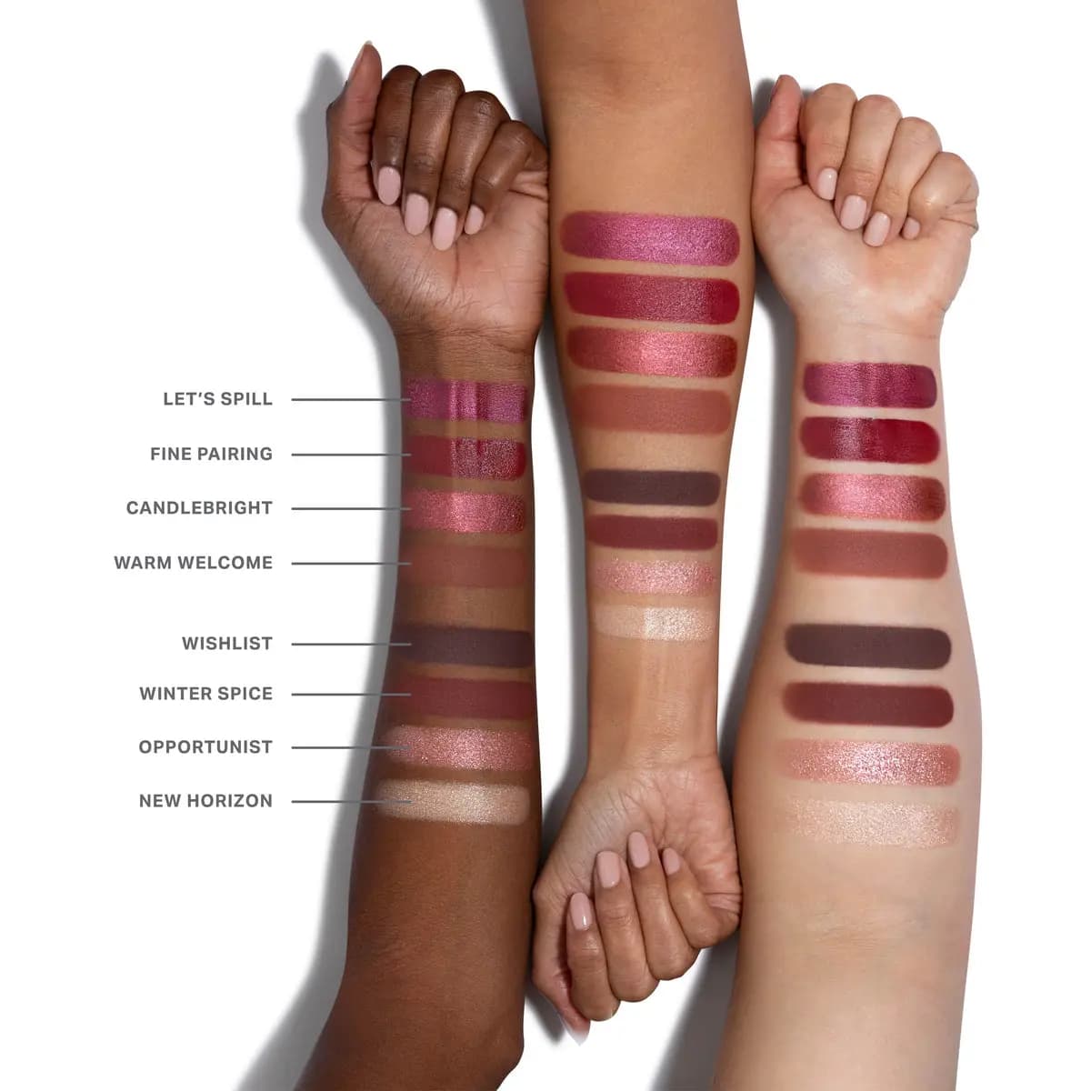 Let's Spill to New Horizon swatches of magenta, red, copper, plum and champagne shades on three skin tones