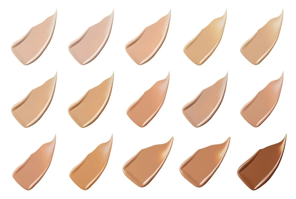 Fifteen glossy foundation swatches in three rows, ranging from fair pink and beige to golden, tan and deep brown shades