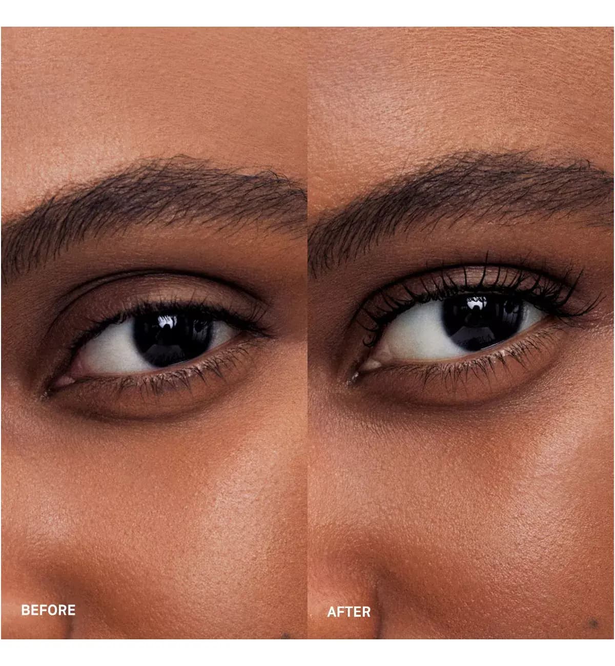 Before and after close-up of a deep-skinned eye showing longer, darker, more defined lashes with mascara
