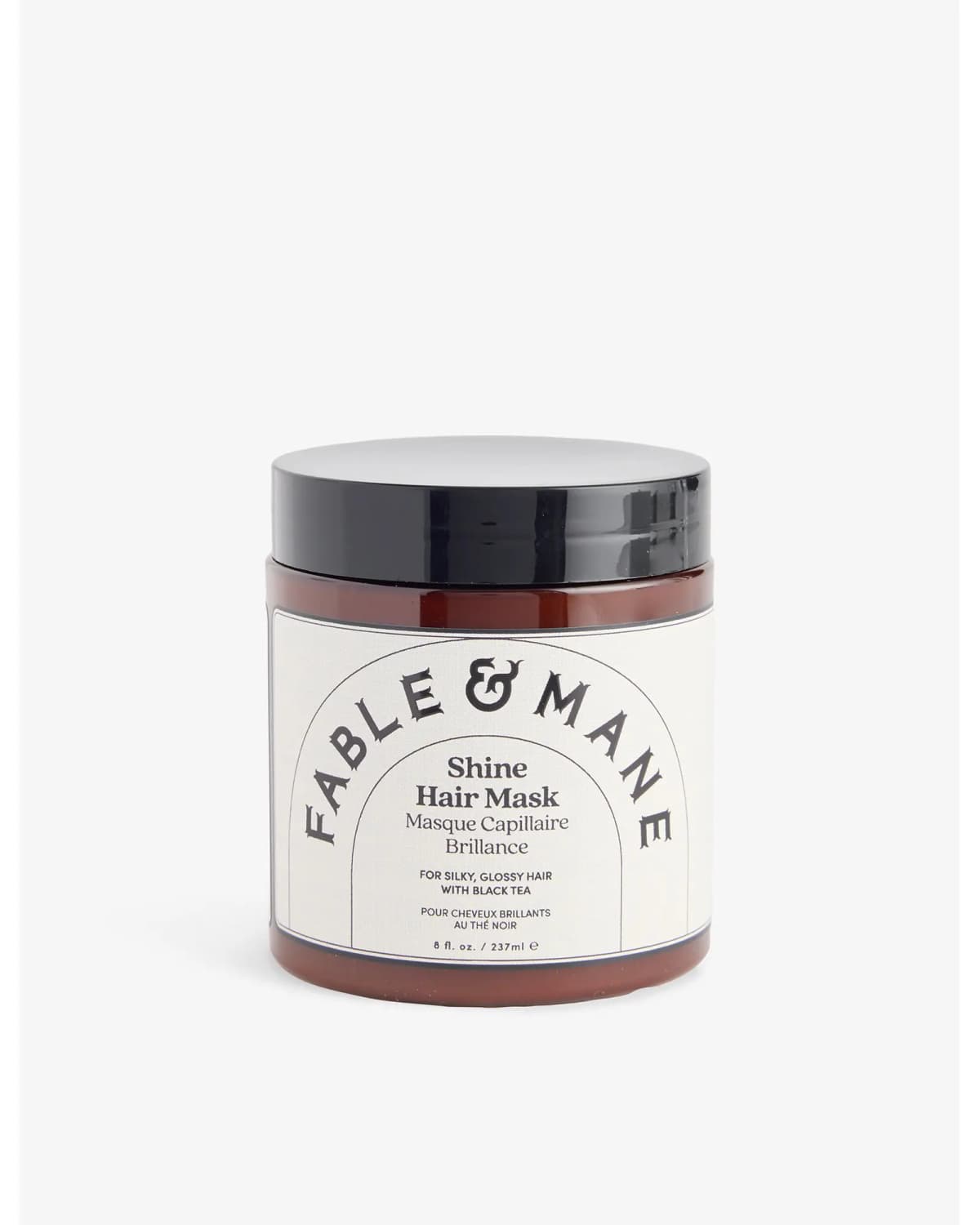 Fable & Mane Shine Hair Mask in amber jar with black lid and cream label, 237ml