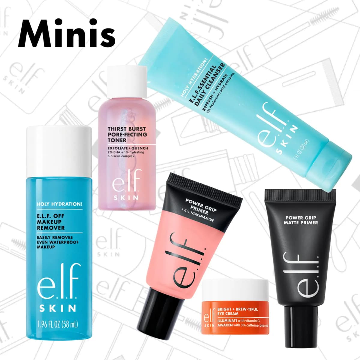 "Minis" graphic with makeup remover, pink toner, daily cleanser tube, two Power Grip primers and an orange eye cream jar