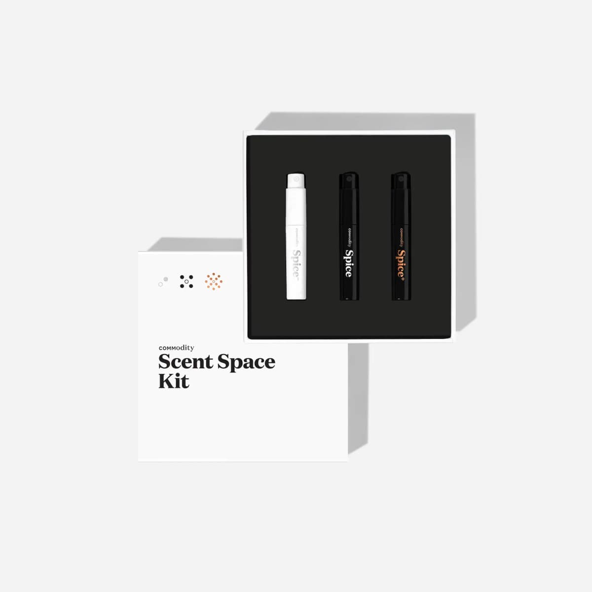 Open white Commodity Scent Space Kit box holding three mini sprays: white Spice-, black Spice and black-and-copper Spice+