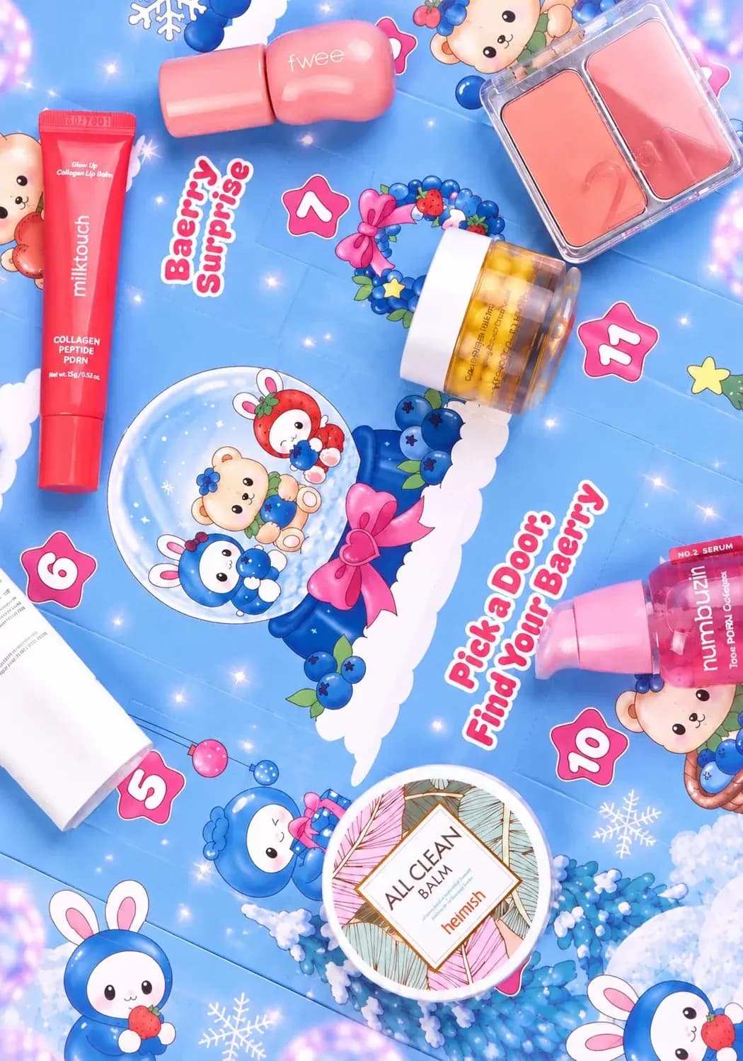 Open blue calendar doors with milktouch lip balm, fwee tint, 2aN blush, capsule cream jar, numbuzin serum and heimish balm