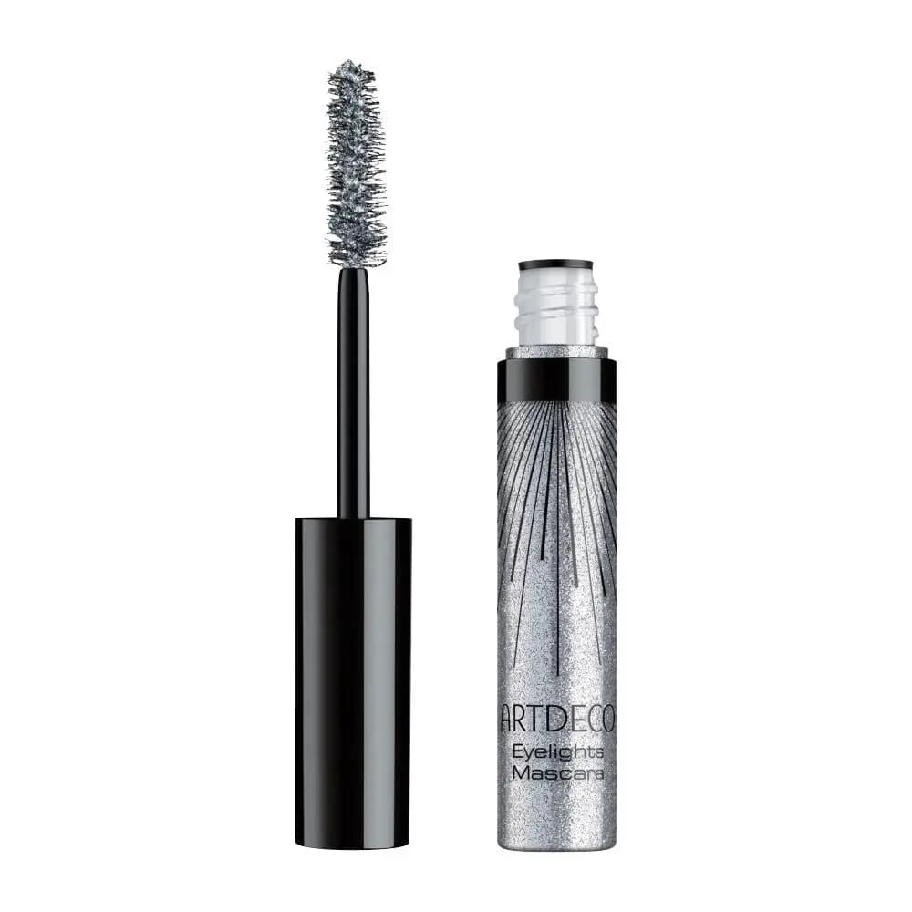 Eyelights Mascara in a silver glitter tube with black starburst lines, open with a sparkly silver brush