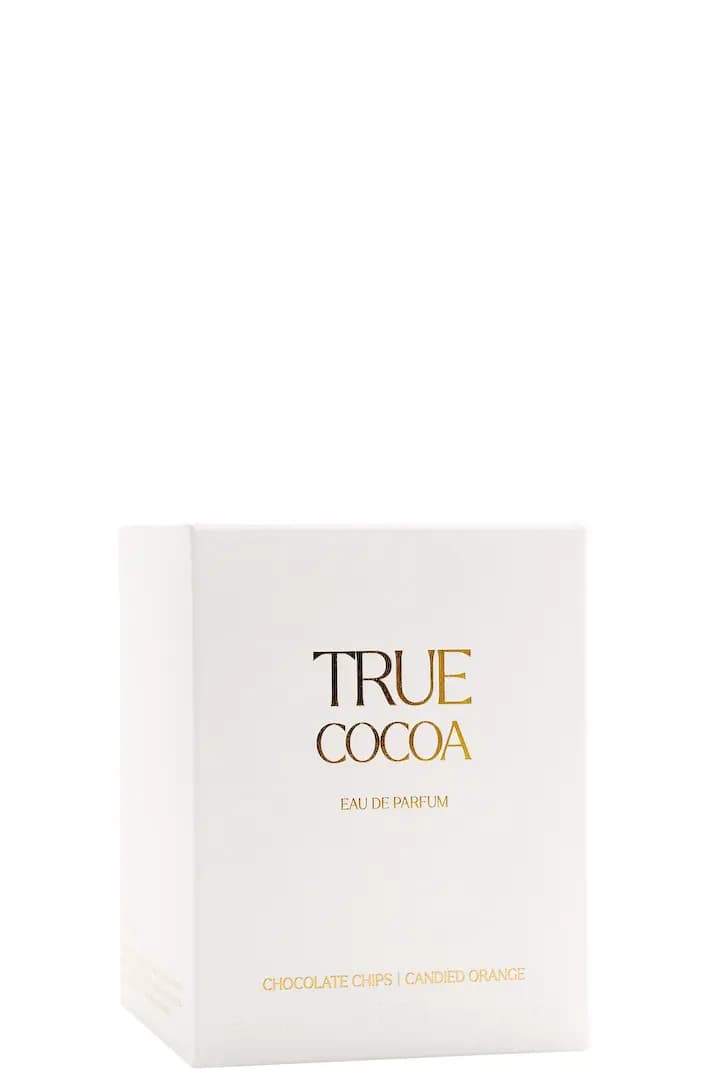 White True Cocoa Eau de Parfum box with gold lettering listing chocolate chips and candied orange, 100 ml