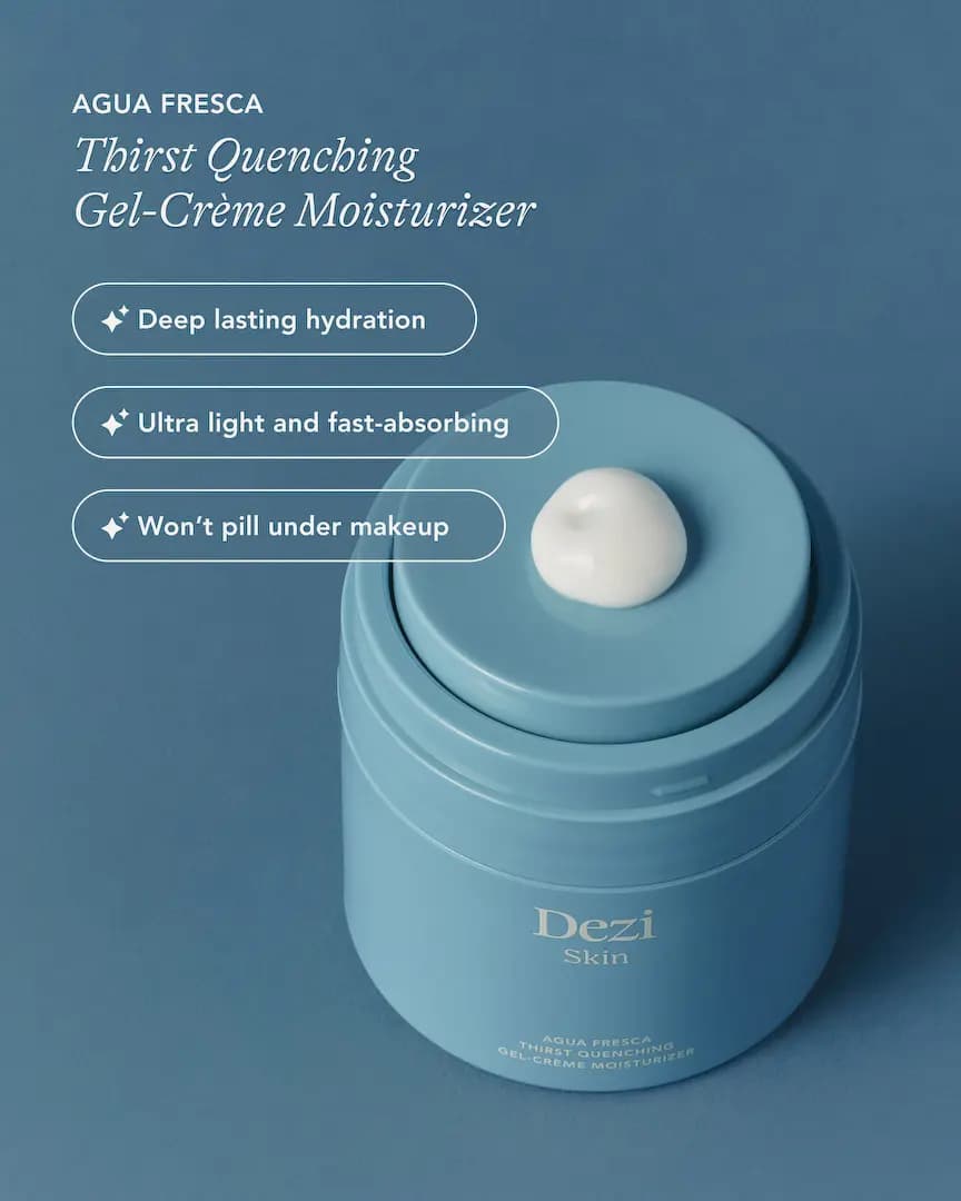 Open blue gel-crème moisturizer jar with a white dollop on its lid, with benefit callouts on a blue backdrop