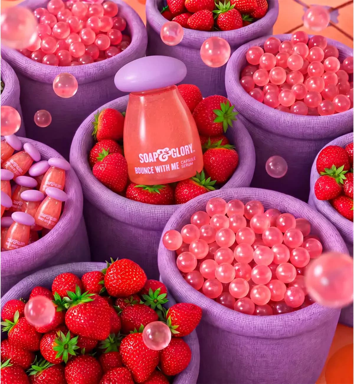 Bounce With Me Capsule Serum bottle with lilac cap in a purple pot of strawberries surrounded by pink capsules