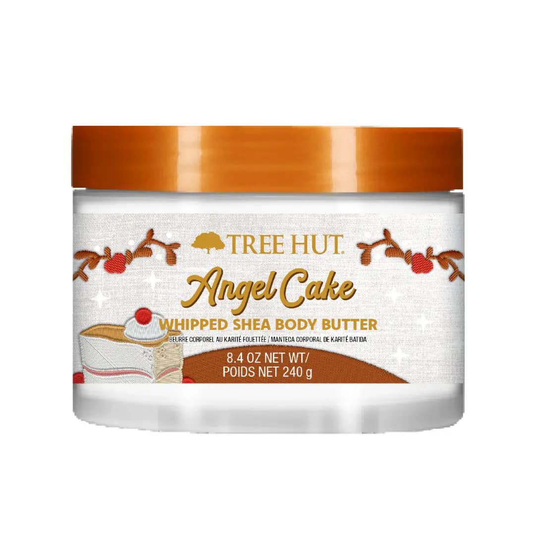 8.4 oz Whipped Shea Body Butter jar with an embroidered-style cake slice, berries and a glossy orange lid