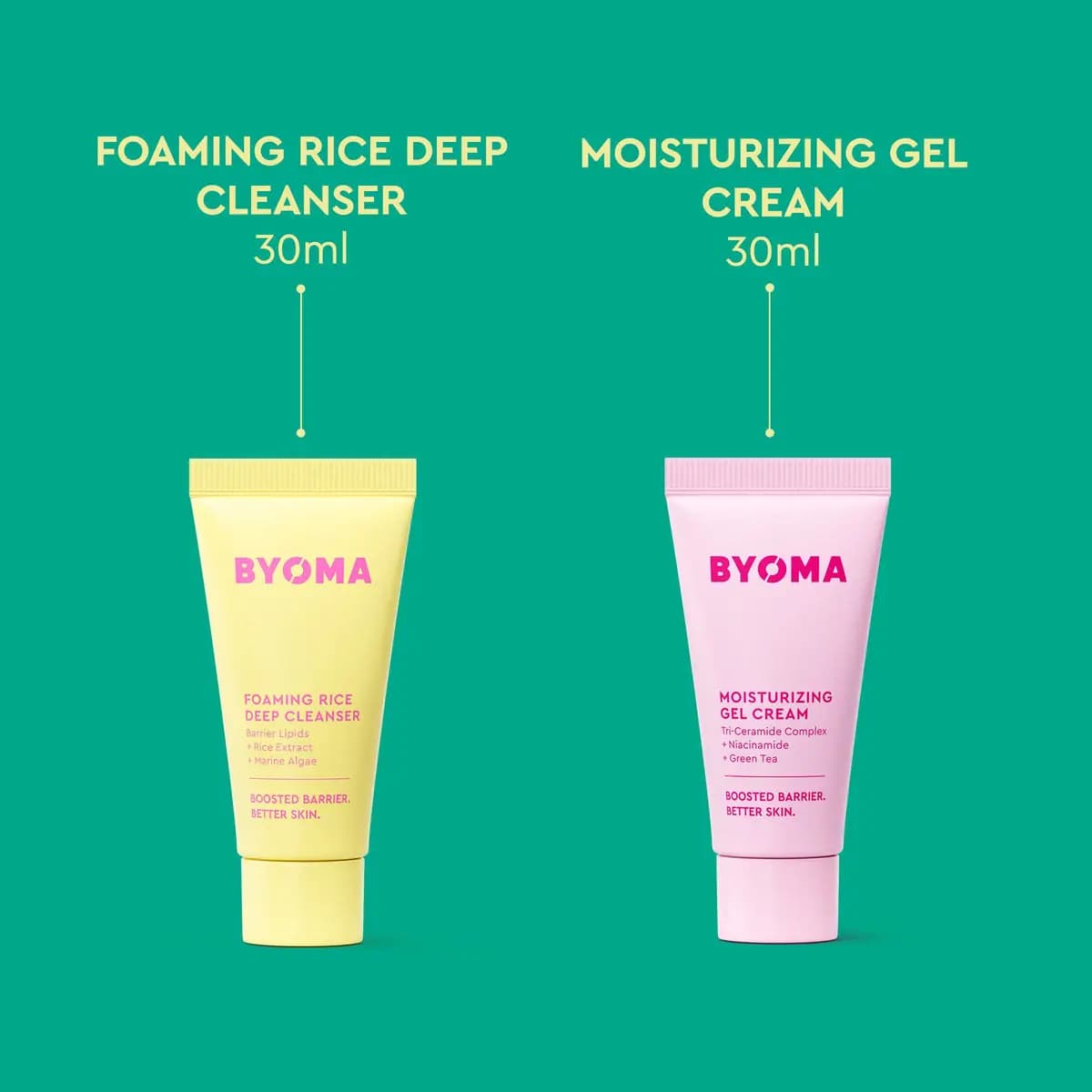 Yellow Foaming Rice Deep Cleanser and pink Moisturizing Gel Cream tubes side by side on green