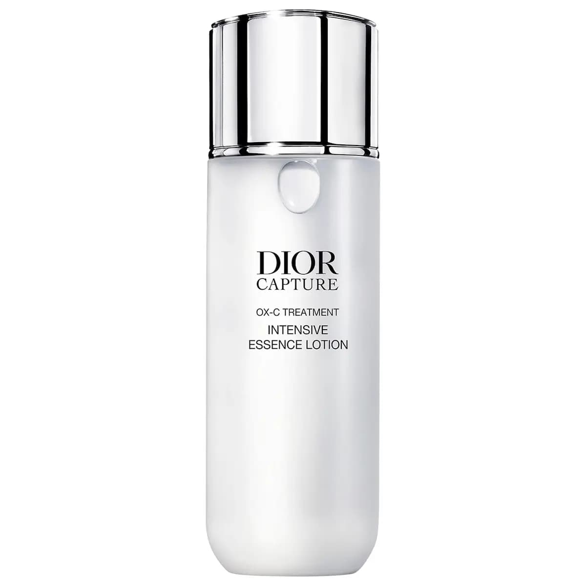 Dior Capture OX-C Treatment Intensive Essence Lotion in a frosted white bottle with a shiny silver cap on white.
