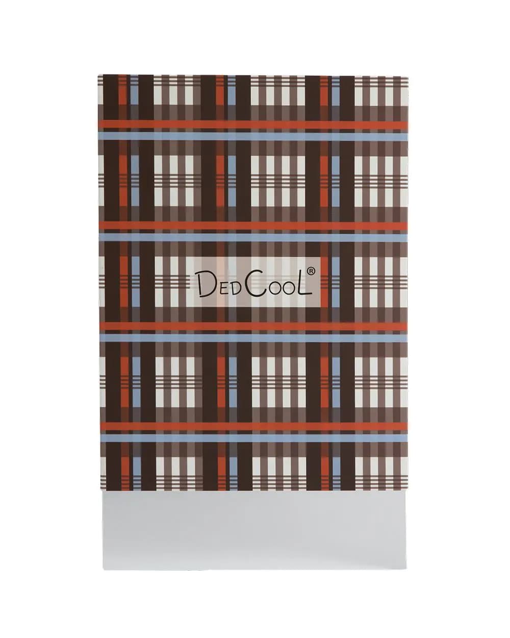 Closed calendar box in brown, red, blue and cream plaid with DedCool logo and silver base