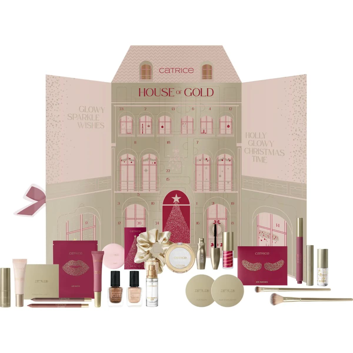 Open Catrice House of Gold calendar with 24 numbered doors, surrounded by its makeup, nail polishes, brushes and scrunchie