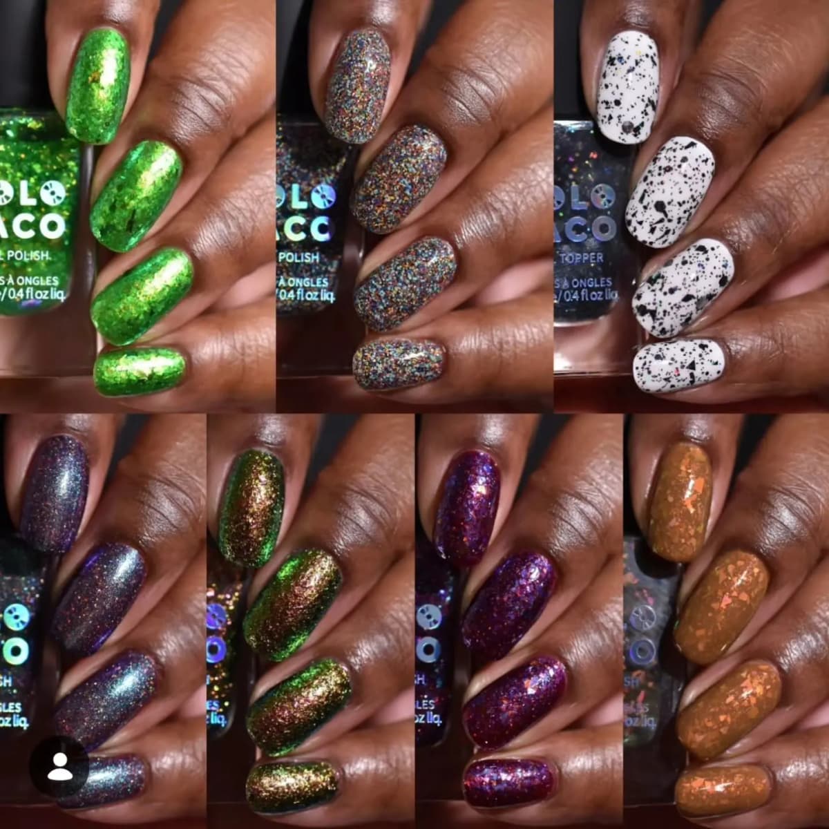 Seven swatch panels on deep-skinned hands showing green flakes, multicolour glitter, speckled white, purple and orange shades