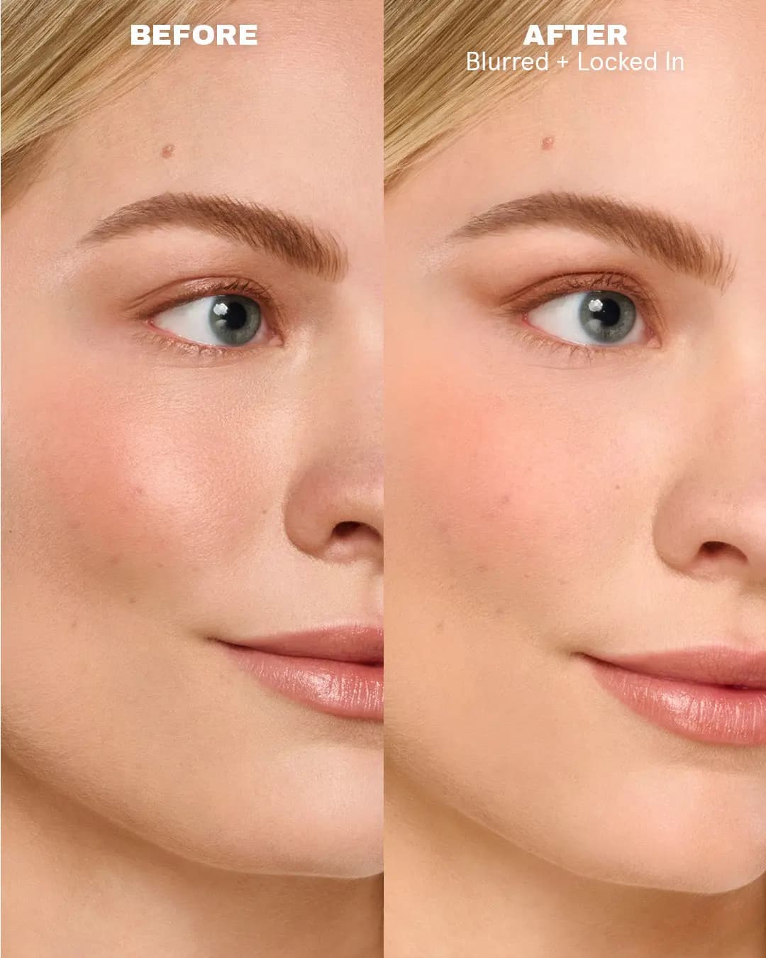 Before and after profile of a blonde model with pink blush, after side labeled 'Blurred + Locked In