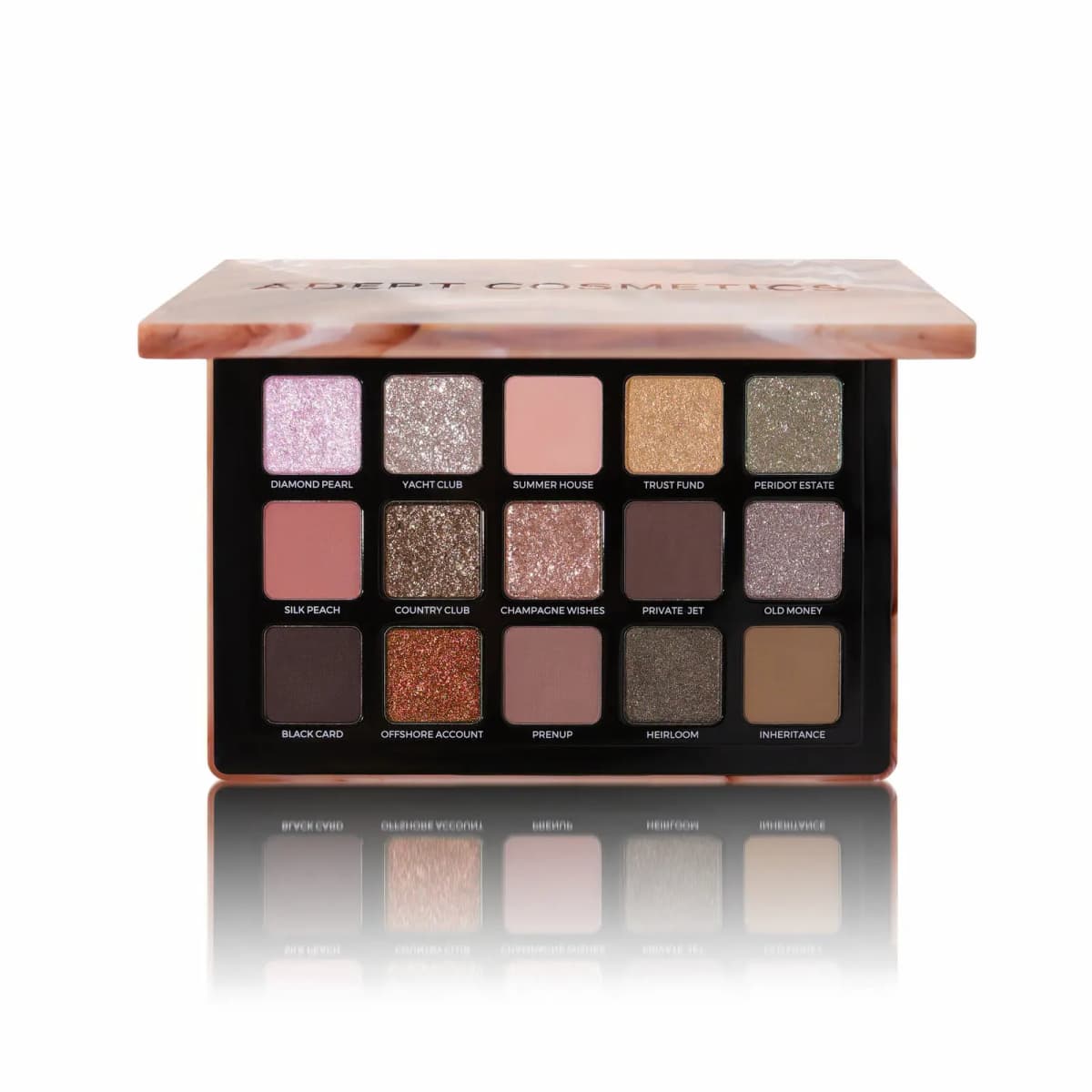 Adept Cosmetics Trophy Wife Eyeshadow Palette, open, showing 15 pinks, golds, browns and glitters under a peach marble lid