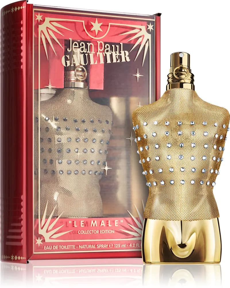 Le Male Collector Edition 125 ml EDT beside its red-and-gold windowed box with star motifs