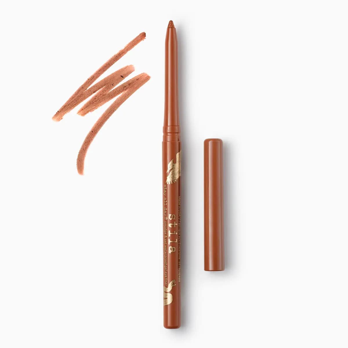 Copper-brown stay all day smudge & set waterproof gel eye liner with gold bird print, cap and swatch