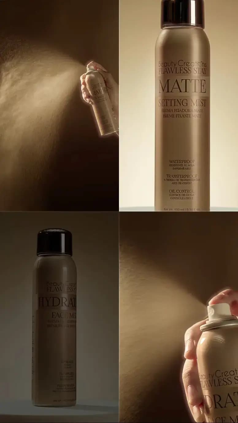 Four-panel collage of both mists: spray shots in warm light, the Matte can upright and the Hydrating can in shadow