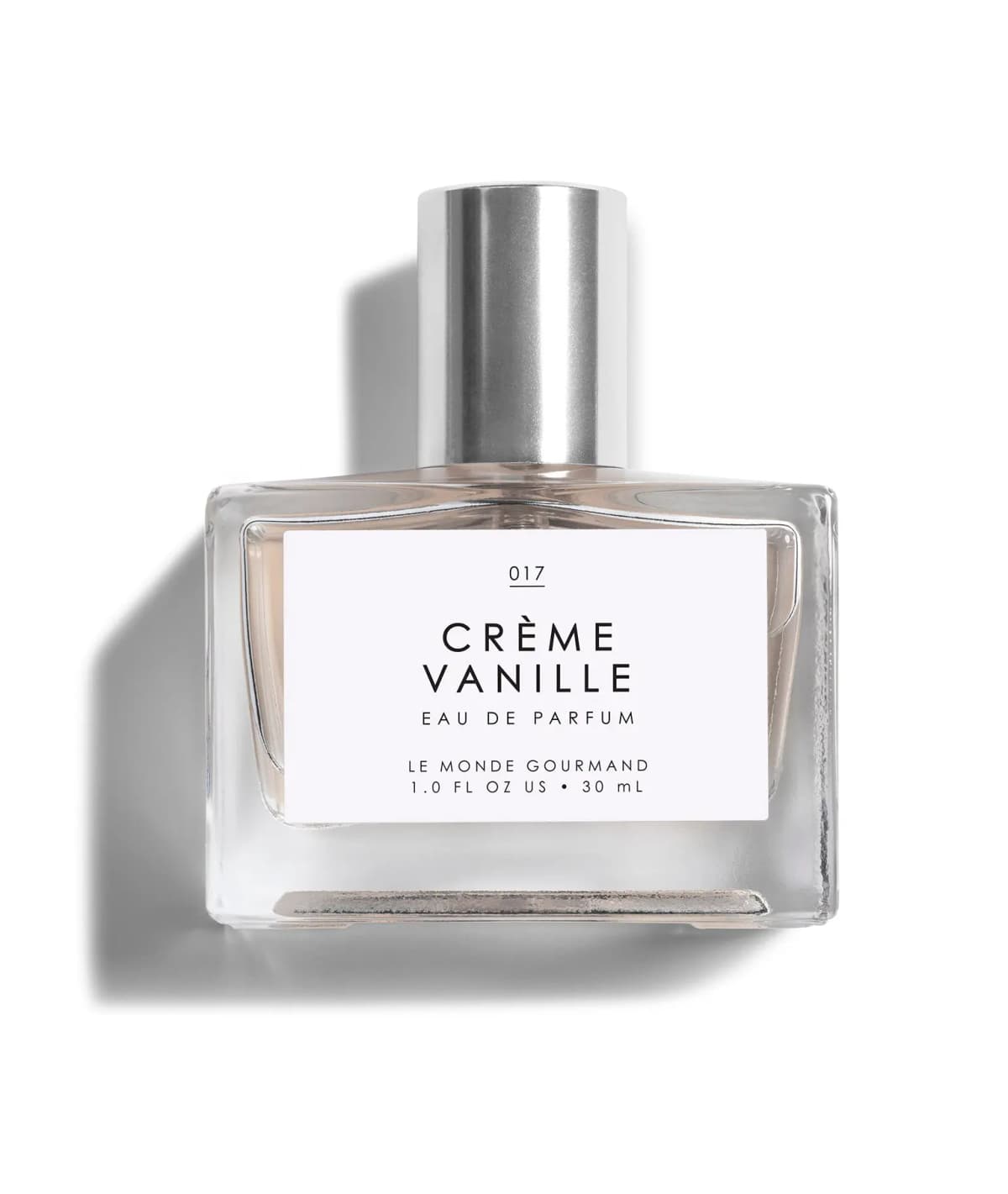 Clear square Crème Vanille Eau de Parfum 30 ml bottle with silver cap and white label on a white background