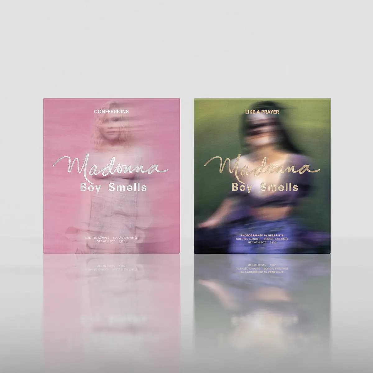 Pink Confessions and green Like a Prayer boxes with blurred portraits and metallic Madonna script logos