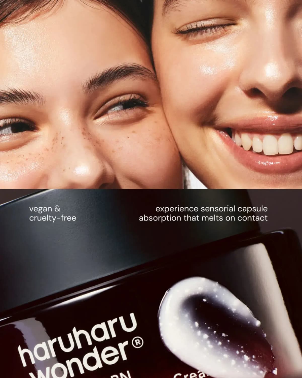 Two smiling models with dewy skin above a close-up of the dark red jar with a sparkling white cream swatch