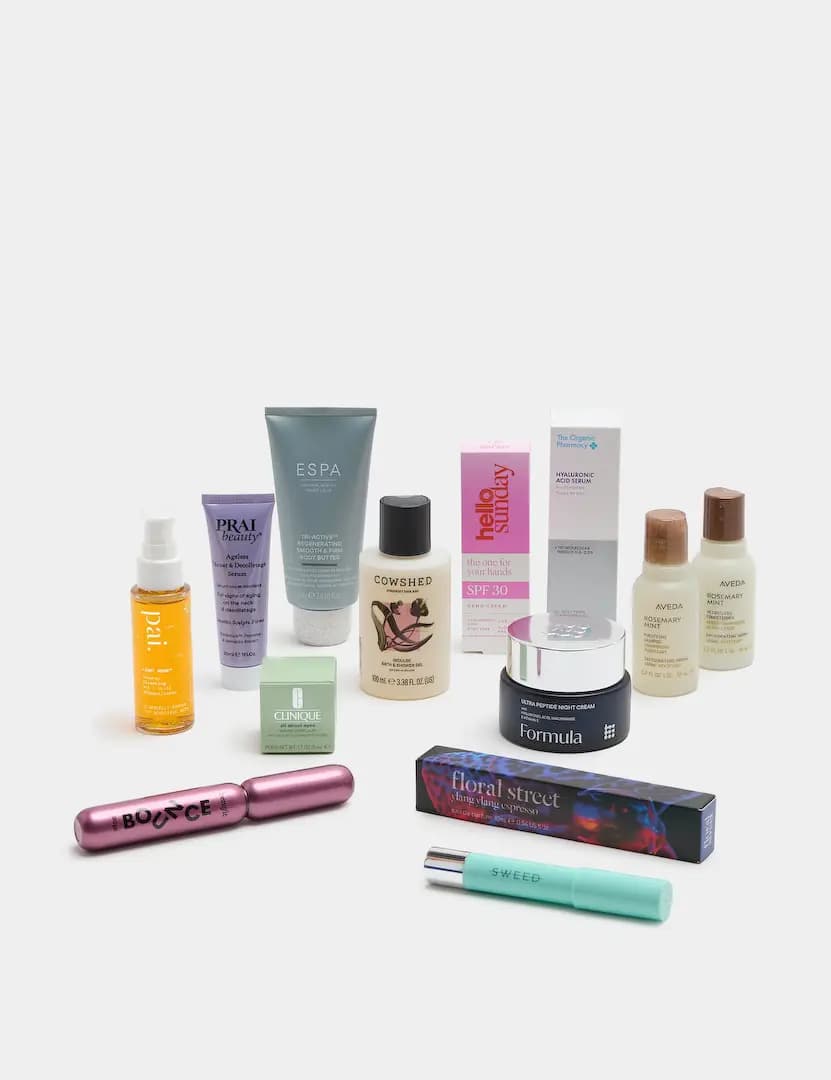 Pai cleansing oil, ESPA body butter, Formula night cream, Aveda minis, Benefit mascara and Sweed lip stick on white