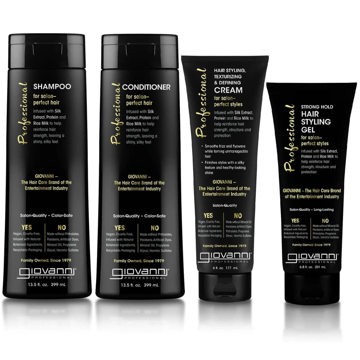 Giovanni Professional Shampoo, Conditioner, Texturizing & Defining Cream and Strong Hold Gel in black tubes and bottles.