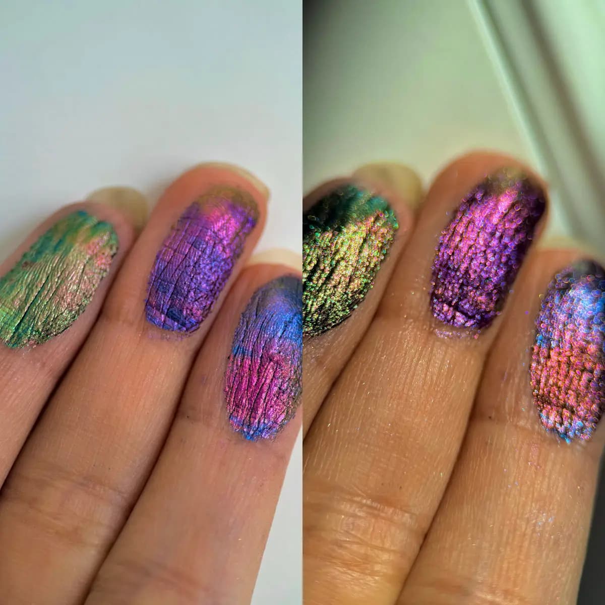 Side-by-side finger swatches of green-to-pink and purple-to-blue duochrome eyeshadows