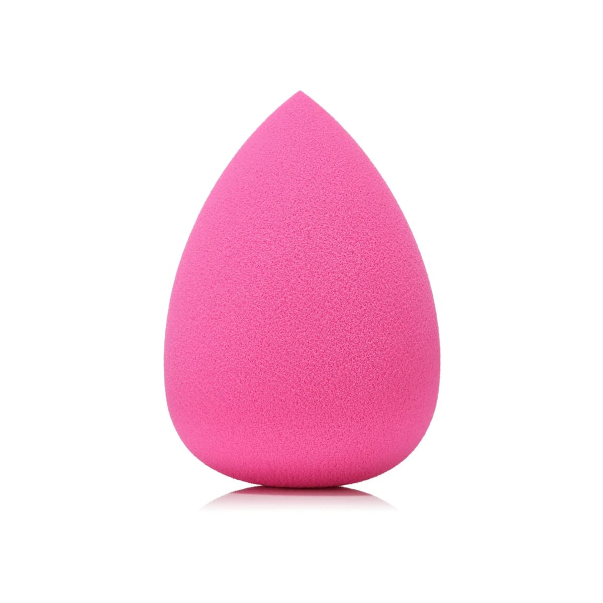 Bright pink teardrop-shaped makeup blending sponge on a white background