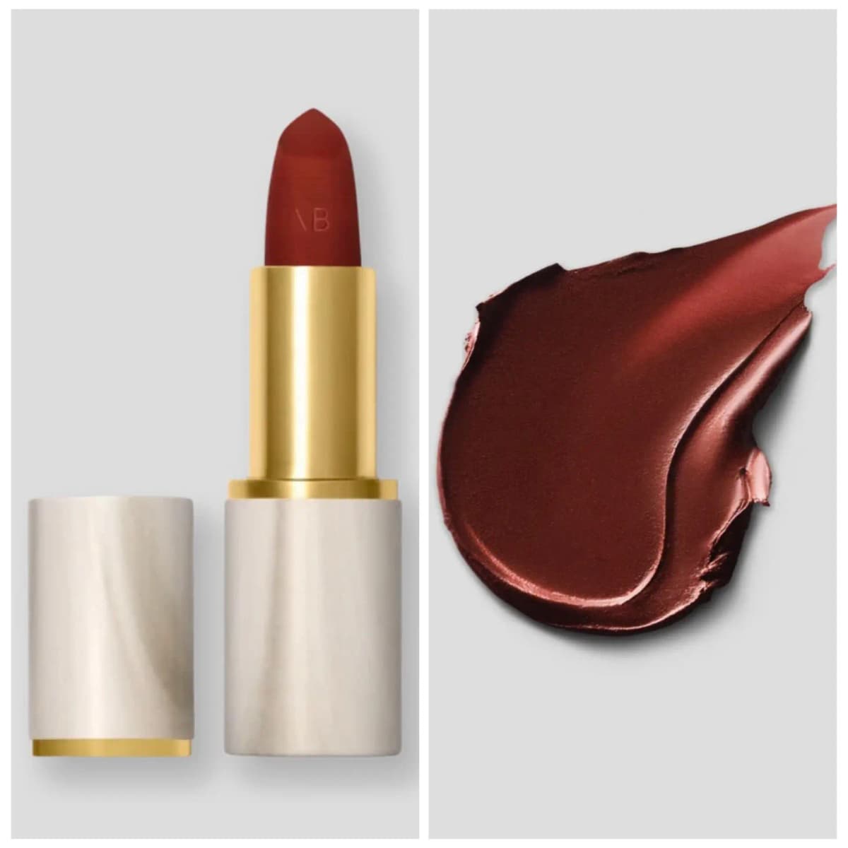 Earthy brown-red VB lipstick in a white marbled case next to a glossy mahogany swatch