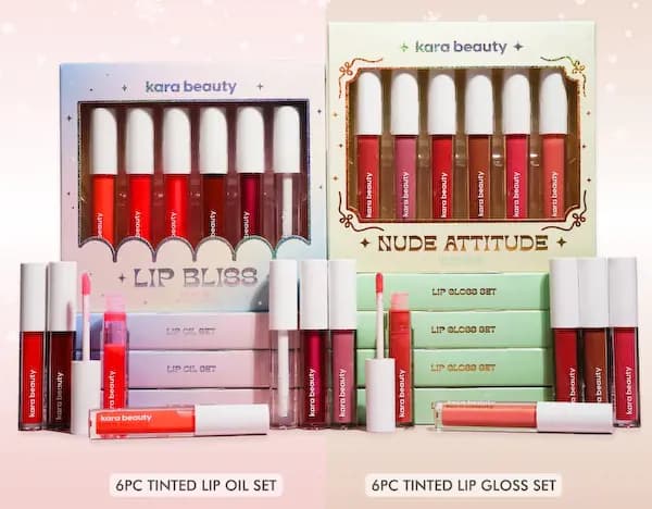 Kara Beauty LIP BLISS 6 Piece Lip Oil Set & NUDE ATTITUDE 6 Piece Lip Gloss Set