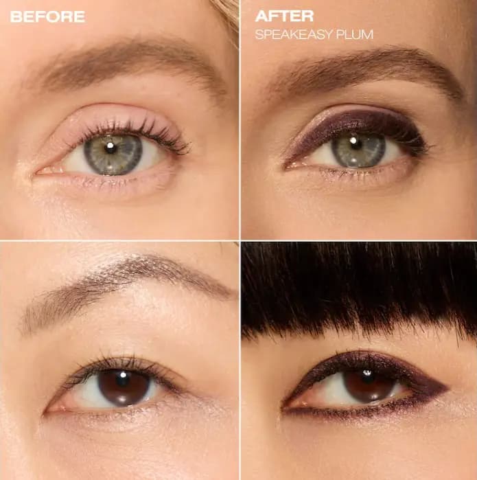 Before and after grid of two models' eyes, bare and then lined and smoked with Speakeasy Plum shimmer