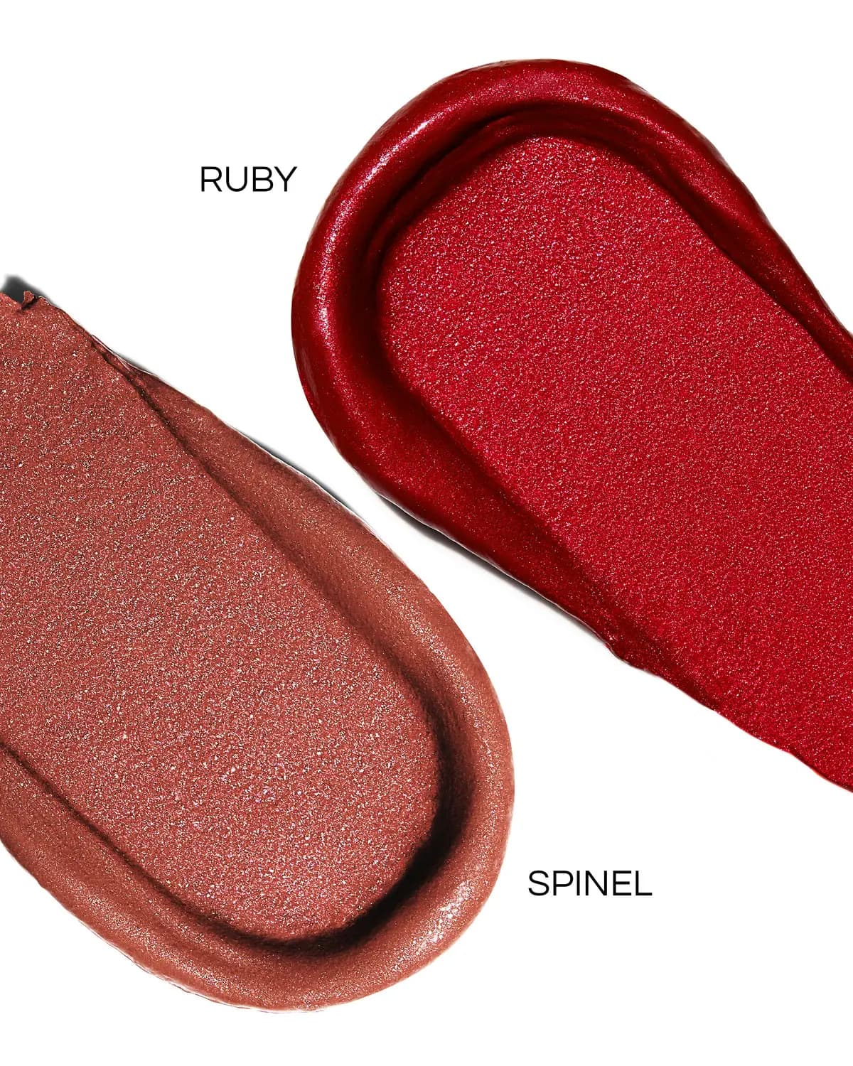 Creamy lipstick swatches labelled Ruby, a shimmering red, and Spinel, a pearly rosy nude
