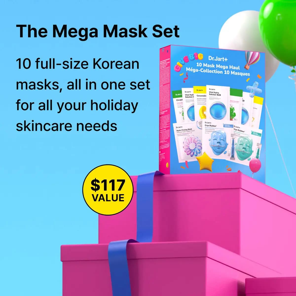 Mega Mask Set box perched on stacked pink gift boxes with balloons against a blue sky and a $117 value badge