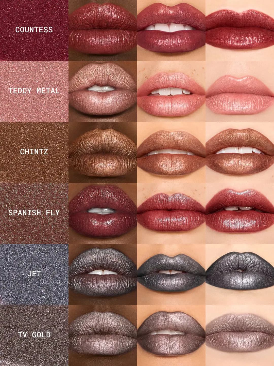 Frost shade chart of Countess, Teddy Metal, Chintz, Spanish Fly, Jet and TV Gold on three skin tones