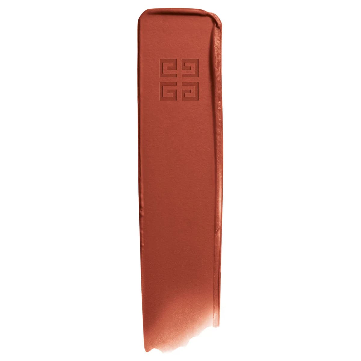 Matte terracotta lipstick swatch stamped with the 4G logo on a white background